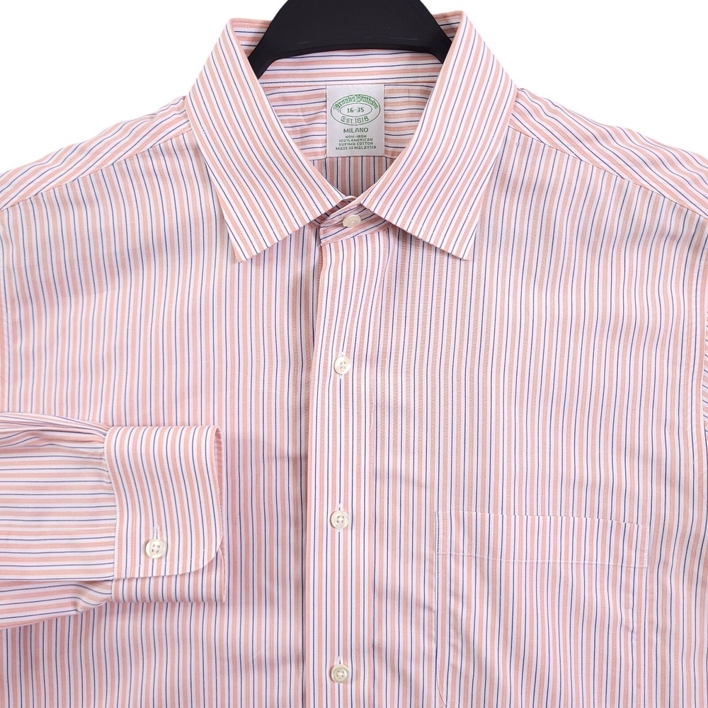Brooks Brothers Milano Dress Shirt Men 16 35 Pink Stripe Non Iron Supima